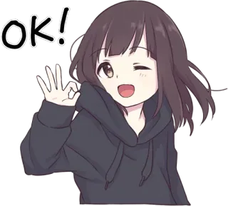 😉 OK! garota anime, gesto ok, piscadela, fofa, casual, cabelo castanho whatsapp sticker