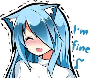 😸 I'm fine anime, ragazza, orecchie da gatto, capelli blu, cartone animato, emozionale, felice whatsapp sticker