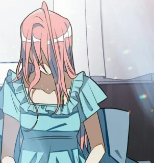 😭 anime girl, pink hair, blue dress, cartoon, female, illustration, webtoon telegram sticker