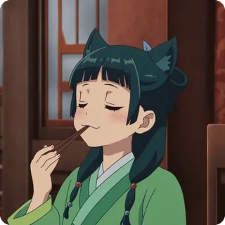 😋 Anime, Menina, Comendo, Hashis, Fofa, Verde, Orelhas de gato, Roupa tradicional telegram sticker