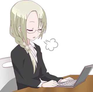 😌 anime, chica, escribiendo, trabajo, ordenador, gafas, oficina telegram sticker
