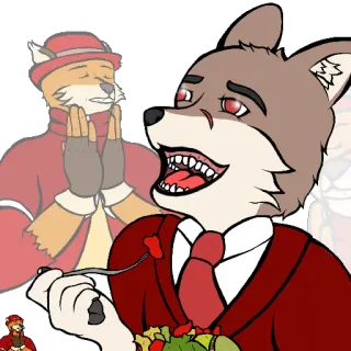 😍 furry, fox, wolf, anthropomorphic, eating, salad, cartoon telegram sticker
