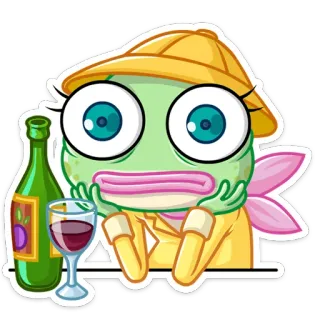 🍷 лягушка, пьющий, вино, шляпа, мультфильм, милый, бутылка, стакан, смешной telegram sticker