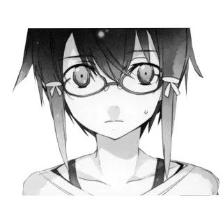 😥 anime girl, glasses, embarrassed, monochrome, cute, expression, hair accessories telegram sticker
