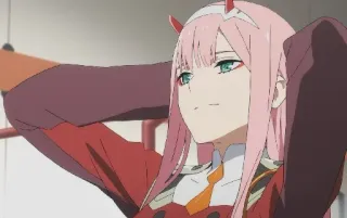 😎 Zero Two Darling in the Franxx Anime, Zero Two, Darling in the Franxx, Charakter, pinke Haare, Hörner telegram sticker