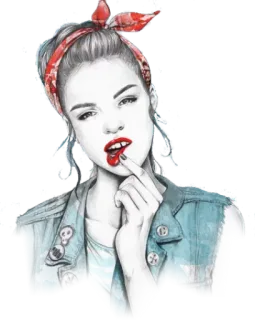 😃 Pin-up, Mulher, Batom vermelho, Bandana, Jaqueta jeans, Vintage, Estilo whatsapp sticker