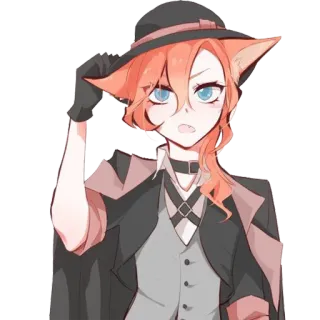 😕 Anime, Katzenohren, Charakter, orange Haare, Hut, Porträt telegram sticker