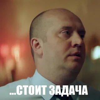 😏 ...СТОИТ ЗАДАЧА russisch, meme, man, kaal, serieus, uitdrukking, portret telegram sticker