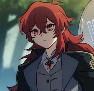🌟 Diluc Genshin Impact Anime, Game, Rambut merah, Serius, Karakter whatsapp sticker