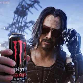 🍺 Johnny Silverhand Cyberpunk 2077 ASSAULT cyberpunk, johnny silverhand, monster energy, keanu reeves, video game, science fiction telegram sticker