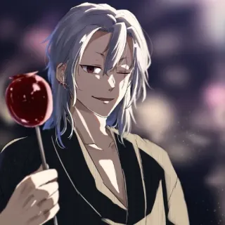 🪄 Anime, Homme, Yukata, Festival, Pomme, Pomme d'amour, Clin d'œil, Cheveux gris whatsapp sticker