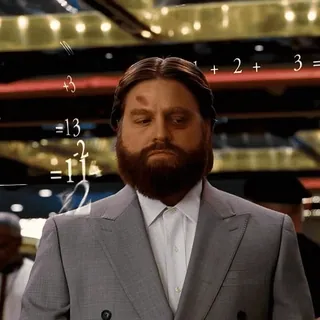 🤔 Alan Garner The Hangover hombre, barba, traje, matemáticas, casino, divertido, comedia whatsapp sticker