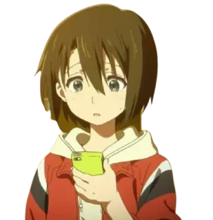 🙁 garota anime, celular, jaqueta vermelha, preocupada, desenho animado, adesivo telegram sticker