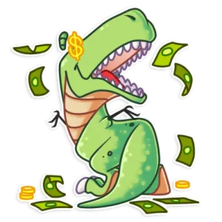 🤑 dinossauro, dinheiro, símbolo de dólar, desenho animado, riqueza, t-rex telegram sticker