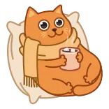 ☕️ cat, scarf, coffee, cute, pillow, orange, cartoon whatsapp sticker