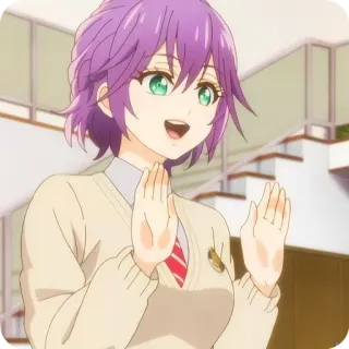 🛑 anime, dziewczyna, mundurek szkolny, fioletowe włosy, postać, uśmiechnięta telegram sticker