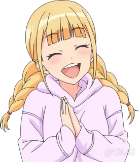 😆 anime, garota, loira, tranças, moletom com capuz, feliz telegram sticker