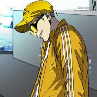 🌩 uomo, personaggio, occhiali da sole, giallo, cappello, giacca, anime, cartone animato whatsapp sticker
