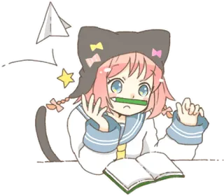 🙁 Fille anime, Oreilles de chat, Écolière, Kawaii, Mignon, Dessin animé, Avion en papier telegram sticker