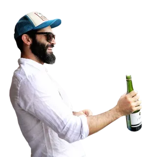 🍾 uomo, bottiglia, persona, barba, cappello, occhiali da sole, bevanda whatsapp sticker