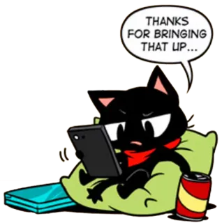 😒 THANKS FOR BRINGING THAT UP... gato, desenho animado, engraçado, sarcástico, quadrinhos telegram sticker