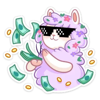 😎 lama, soldi, contanti, ricchezza, occhiali da sole, figo, ricco whatsapp sticker