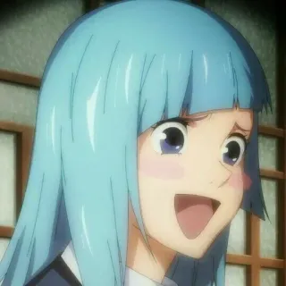 🪵 animé, fille, cheveux bleus, sourire, joyeuse, dessin animé telegram sticker