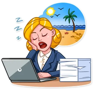 😴 zzz schlafen, büro, strand, laptop, träumen, cartoon whatsapp sticker