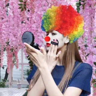 🤡 clown, maquillage, drôle, perruque arc-en-ciel, fleurs roses, beauté, cosmétiques telegram sticker