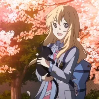 🍋 Kaori Miyazono Your Lie in April Anime, Gadis, Kucing, Seragam sekolah, Bunga sakura, Lucu telegram sticker