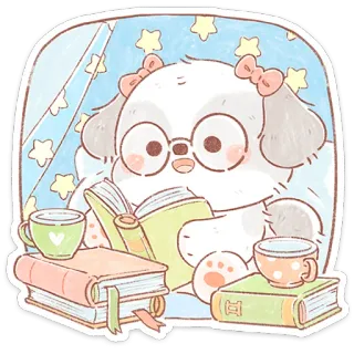 📖 imut, kawaii, anak anjing, membaca, buku, teh, kacamata, nyaman telegram sticker