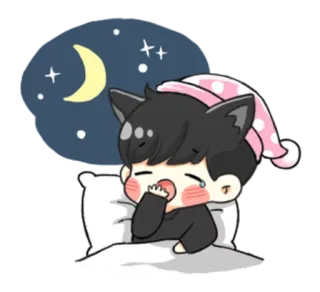 😪 mengantuk, kawaii, telinga kucing, bantal, malam, bulan, bintang whatsapp sticker