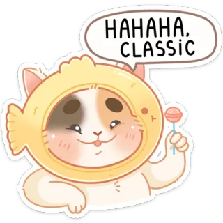 😀 HAHAHA, CLASSIC gato, piruleta, divertido, lindo, clásico, sombrero de pez, animal whatsapp sticker