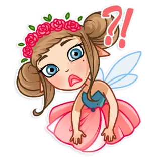 ⁉ hada, dibujos animados, pregunta, exclamación, corona de flores whatsapp sticker