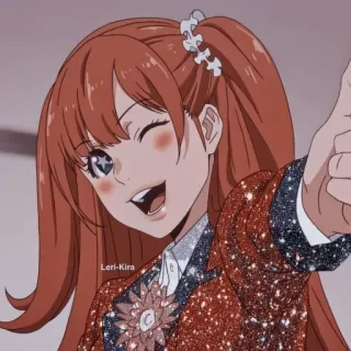 🖤 Leri-Kira Anime, Fille, cheveux roux, clin d'œil, joyeux, paillettes, personnage, illustration telegram sticker