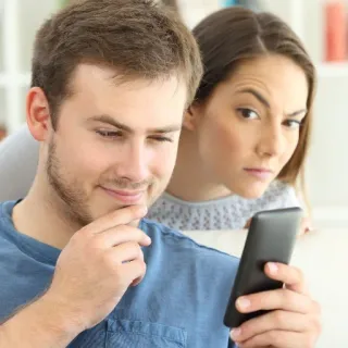 🤨 man, woman, phone, suspicion, couple, relationship telegram sticker