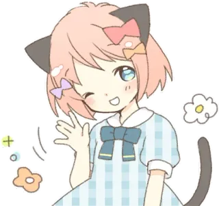 😉 anime girl, cute, cat ears, kawaii, cartoon, waving, flowers telegram sticker