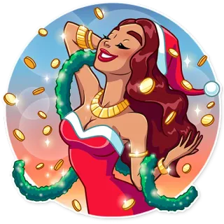 👸 woman, christmas, holiday, celebration, gold coins, red dress, festive, santa hat telegram sticker