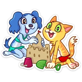 👶 perro, gato, castillo de arena, playa, verano, dibujos animados, animales whatsapp sticker