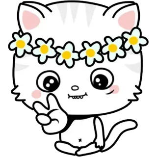 ✌️ 고양이, 평화, 평화 기호, 꽃 왕관, 귀여운, 만화 telegram sticker