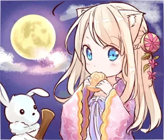 🌝 Animé, Lune, Lapin, Fille, Mignon, Manger, Illustration whatsapp sticker