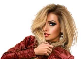 😊 mujer, rubia, chaqueta de cuero, retrato, moda, estilo telegram sticker