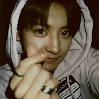 🤎 persona, hombre, sudadera con capucha, selfie, corazón con los dedos, K-pop, ídolo, joven telegram sticker