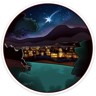 🌠 nuit, lumières de la ville, étoile filante, banc, paysage, montagnes telegram sticker