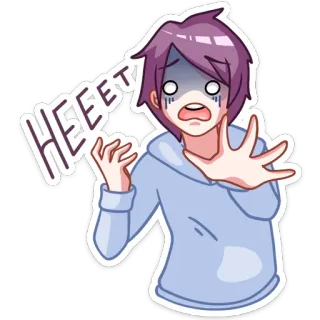 🙅‍♂️ HEEET อนิเมะ, การ์ตูน, กลัว, ความกลัว, ผมสีม่วง, เอื้อมมือ, สีหน้า whatsapp sticker