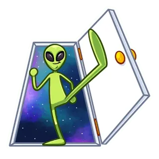 😈 Alien, Außerirdischer, Weltraum, Tür, Gruß, Cartoon telegram sticker