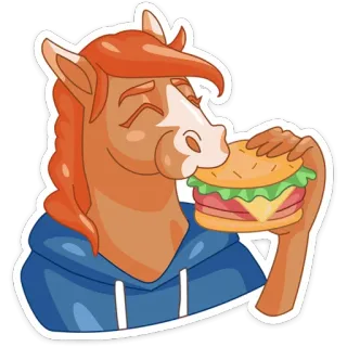 🍔 horse, cartoon, sandwich, eating, animal, food, cute whatsapp sticker