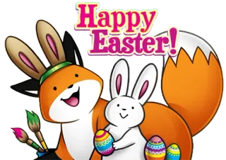 🥳 Happy Easter! Pascua, zorro, conejo, fiesta, primavera, animales, pintura, huevos telegram sticker
