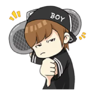 👎 BOY anak laki-laki, kartun, topi, tenis, turun, negatif whatsapp sticker