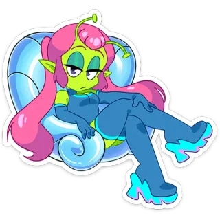 😏 Alien, Desenho animado, Cabelo rosa, Pele verde, Sentado, Personagem, Animação, Espaço telegram sticker